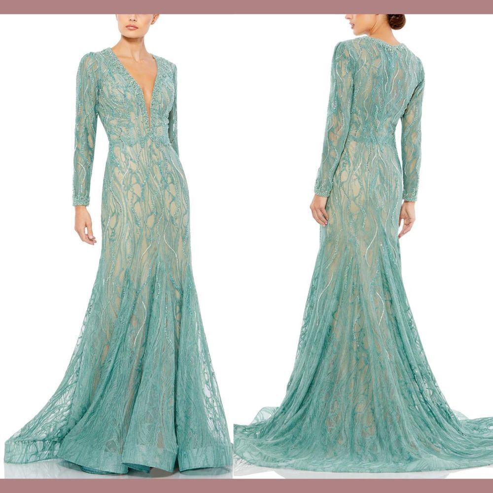 NWT Mac Duggal [ 12 ] 79291 Beaded Lace Long Sleeve Plunge Neck Gown Sage‎ green - Picture 2 of 15
